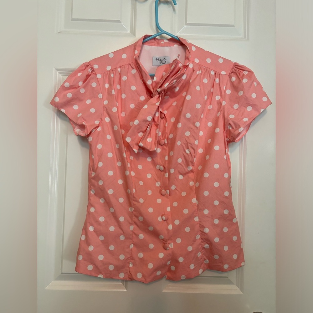 Magnolia Park necktie blouse. Pink polka dot. Size xl